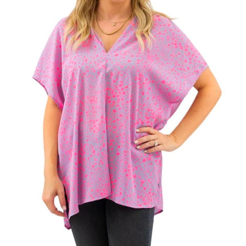 Adrienne Women's Small Purple and Pink Cheetah V-Neck Short Sleeve Blouse